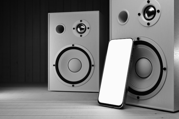 Modello di smartphone sullo sfondo del rendering 3d degli altoparlanti di musica stereo