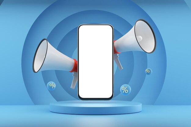Photo smartphone mockup on a blue podium with megaphones sale and discount poster 3d render