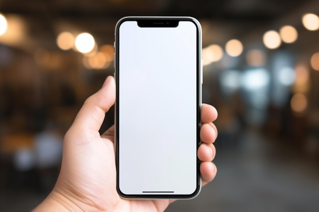 Smartphone mockup Closeup van een mobiele telefoon met leeg scherm op wazige achtergrond gegenereerd door AI