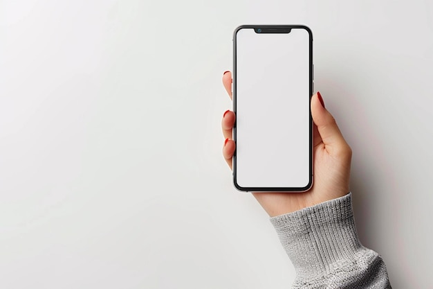 Photo smartphone mockup on hand created with generative ai