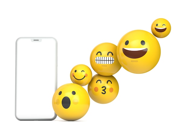 Smartphone-mockup met leeg scherm en leuk emoji-teken d render