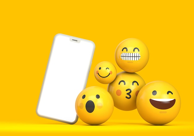 Smartphone-mockup met leeg scherm en leuk emoji-teken d render