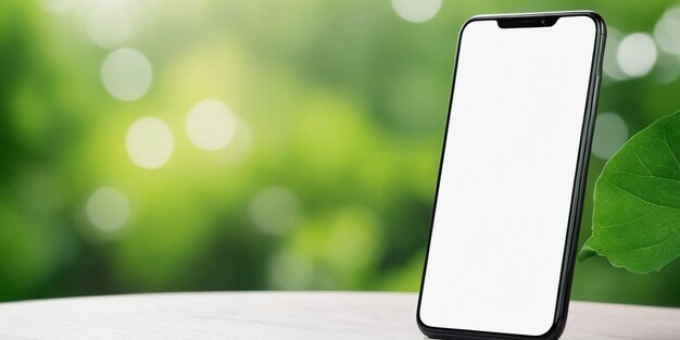 Smartphone mockup met leeg scherm op houten tafel en groene bokeh achtergrond