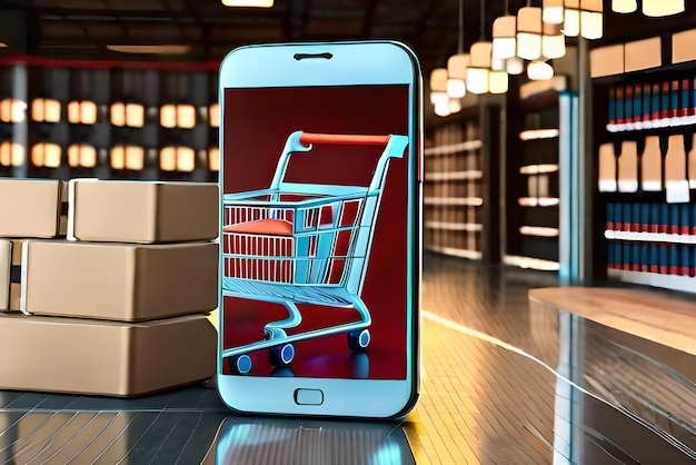 smartphone mockup met supermarkt winkelwagentje en dozen in realistische 3d render