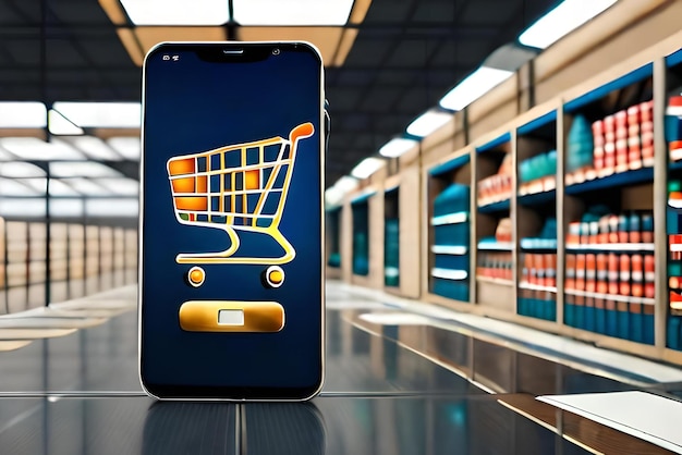 smartphone mockup met supermarkt winkelwagentje en dozen in realistische 3d render