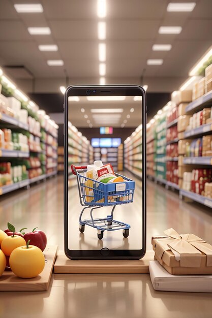 Smartphone-mockup met supermarktwinkelwagentje en dozen in realistische 3d render