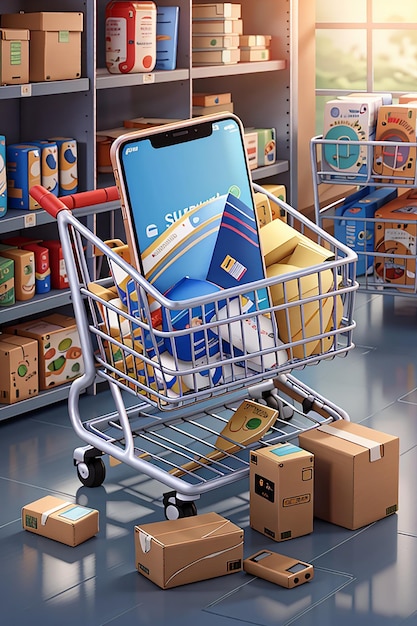 Smartphone-mockup met supermarktwinkelwagentje en dozen in realistische 3d render