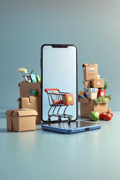 Smartphone-mockup met supermarktwinkelwagentje en dozen in realistische 3d render