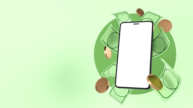 Photo smartphone mockup among money and coins, online shopping, online trading, manage finances