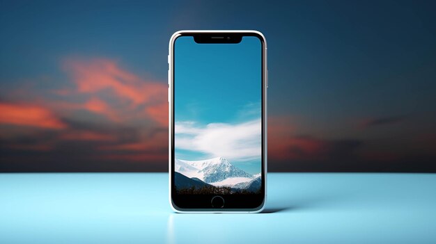 写真 青い背景のスマートフォンのモックアップ
