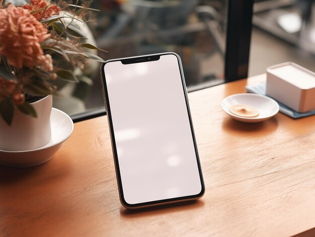 写真 スマートフォンのモックアップをテーブルで空白の白い画面で