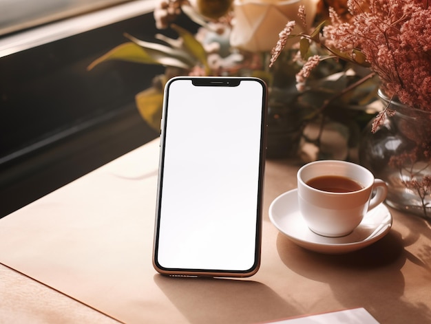 smartphone mockup op de tafel met leeg wit scherm