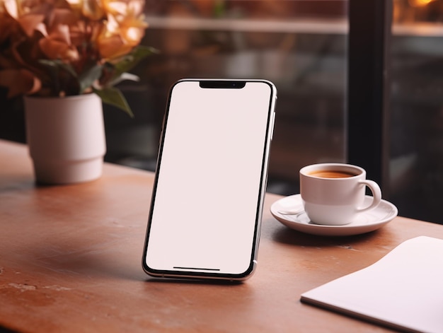 smartphone mockup op de tafel met leeg wit scherm