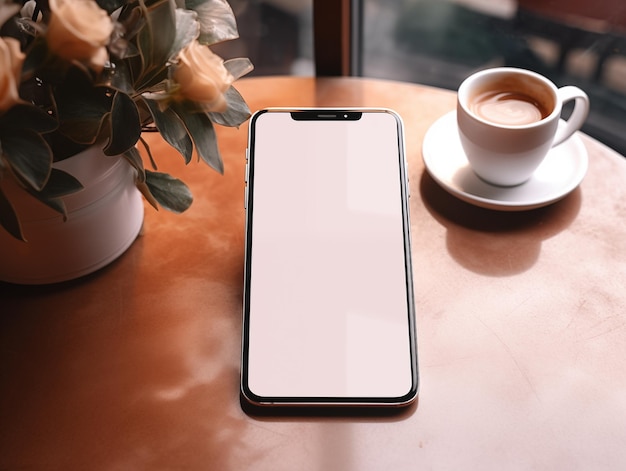 Foto mockup di smartphone sul tavolo con schermo bianco vuoto