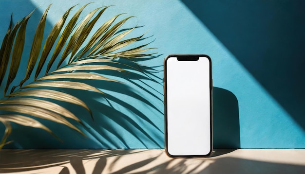 Smartphone mockup with blank screen isolated on a blue wall with palm leaf shadow