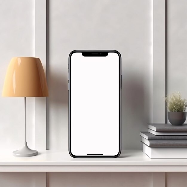 Smartphone mockup with blank screen on shelf in room 3d render