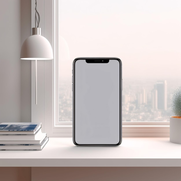 Мокет смартфона с пустым экраном на белом столе в комнате 3D-рендера