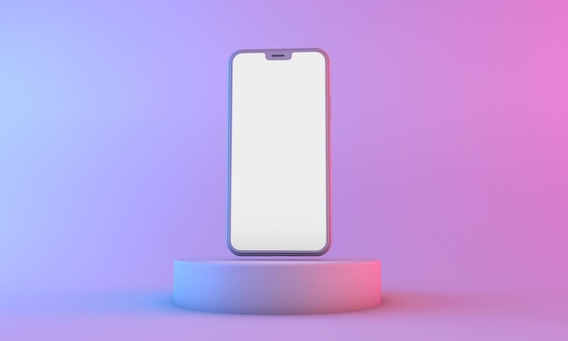 네온 조명 3D 렌더가 있는 빈 흰색 화면이 있는 스마트폰 모형