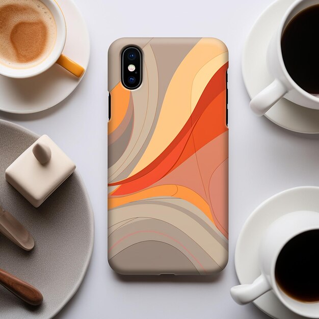 Photo smartphone mockup with coffee cup and saucer on white background mobile phone cover design