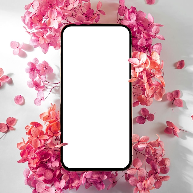 Фото Макет смартфона с розовыми цветами на белом фоне макет экрана устройства на стильном фоне для презентации или дизайна приложения xa
