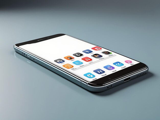 Smartphone mockup with social media icons in realistic 3D rendering Blank screen template ai