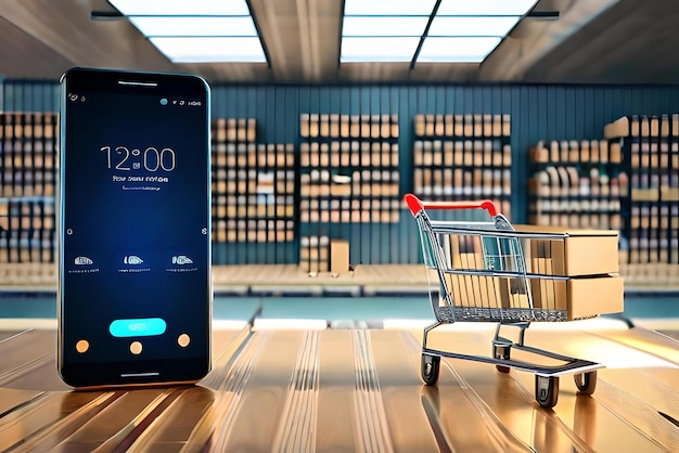 Photo smartphone mockup with supermarket shopping cart and boxes in realistic 3d render