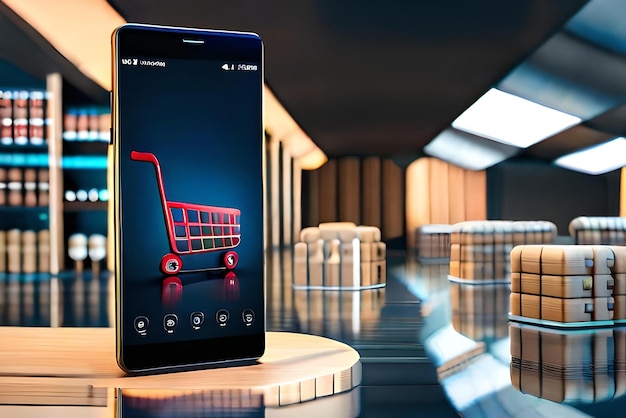 Photo smartphone mockup with supermarket shopping cart and boxes in realistic 3d render