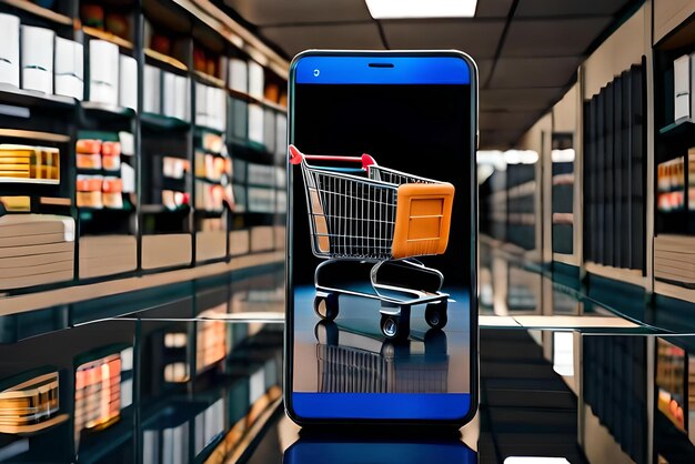 smartphone mockup with supermarket shopping cart and boxes in realistic 3d render