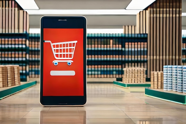 smartphone mockup with supermarket shopping cart and boxes in realistic 3d render