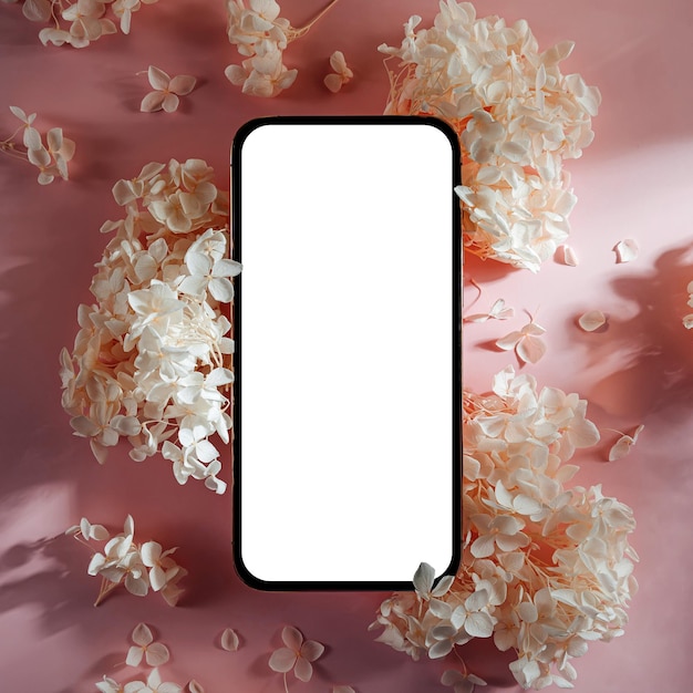 Фото Макет смартфона с белыми цветами на розовом фоне макет экрана устройства на стильном фоне для презентации или дизайна приложения