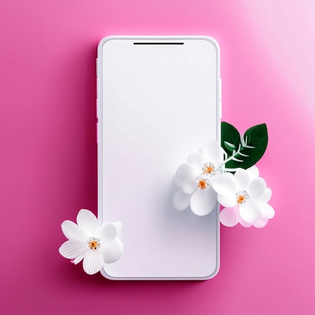 Photo smartphone mockup with white flowers