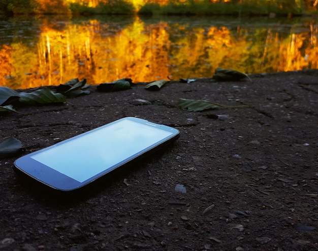사진 가 석양에 그것에 반영 하는 나무와 강 근처 바위에 스마트폰