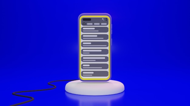 Смартфон на подставке и кабель с приложением для чата в 3D-дизайне