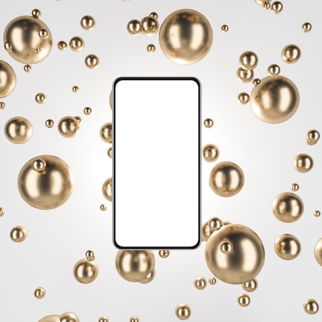 Smartphone op de witte achtergrond met gouden bollen 3d render illustratie mock up