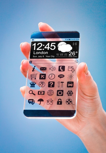 Smartphone (phablet) with a transparent display in human hands on a blue background. Concept actual future innovative ideas and best technologies humanity.