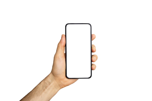 Smartphone (phone) empty screen in a hand. Black smartphone isolated on white background. Blank phone screen for image and design