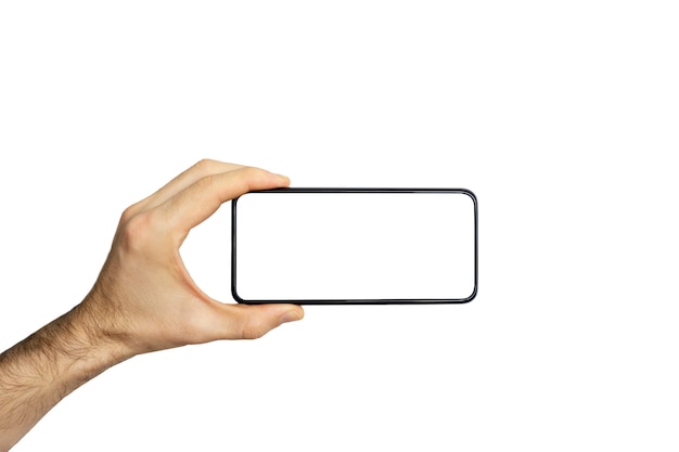 Photo smartphone (phone) empty screen in a hand. black smartphone isolated on white background. blank phone screen for image and design