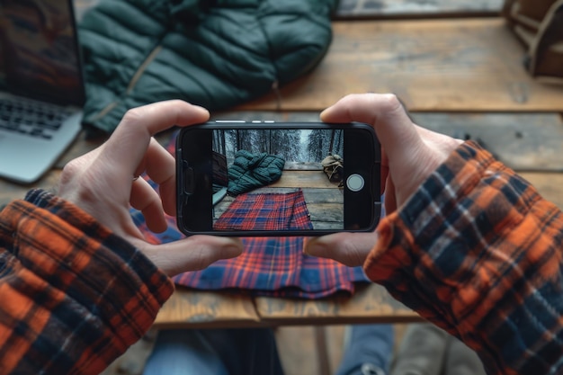 Smartphone photography Capturing a plaid shirt on wood