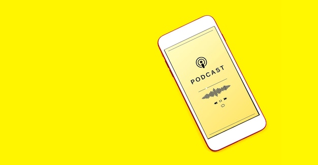 Smartphone playing a podcast on yellow background Concept of listening to podcast