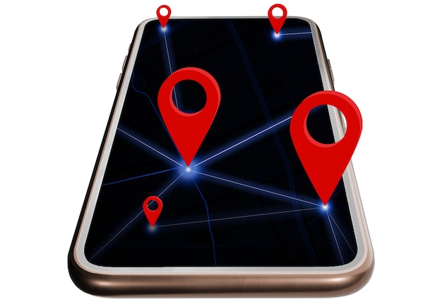 Smartphone and red pin assign coordinates, gps map navigation concept with location on map application, white background with Clipping Path.