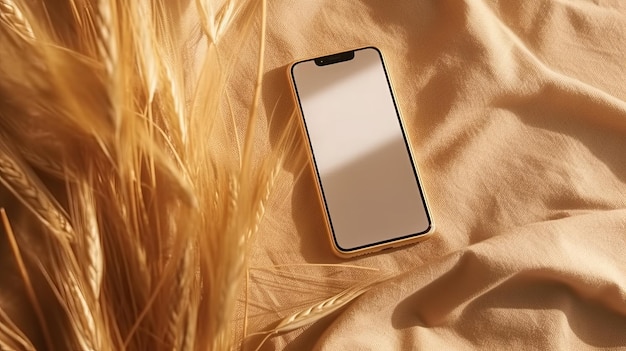 A smartphone resting on a bed next to a potted plant created with Generative AI technology