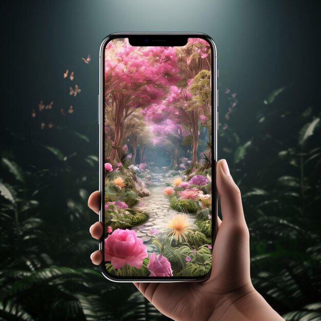 Smartphone scherm vastgehouden met camera pad met bloemen natuur Bloeiende bloemen een symbool van de lente nieuw leven