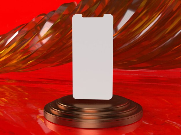 Smartphone screen mockup above triple bronze cylinder pedestal with abstract red background product presentation stage display by 3d rendering