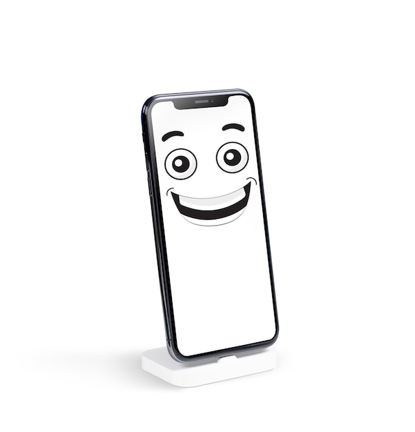 Smartphone Screen Mockup with Happy Smiley Face Emoticon Cartoon Isolated on White Background