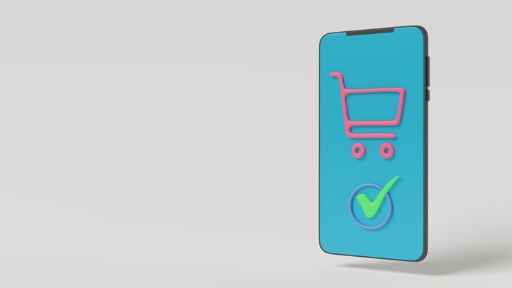Смартфон, на экране которого есть корзина и зеленая галочка, подтверждающая покупку