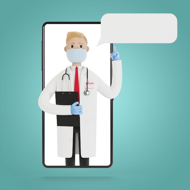 Smartphone screen with male doctor. Online consultation, medical services. 3D illustration in cartoon style.