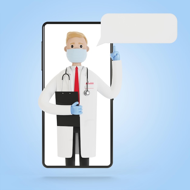 Smartphone screen with male doctor. Online consultation, medical services. 3D illustration in cartoon style.