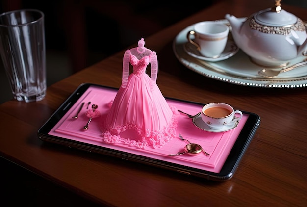 Smartphone screen with a pink dress purse in the style of miniature sculptures