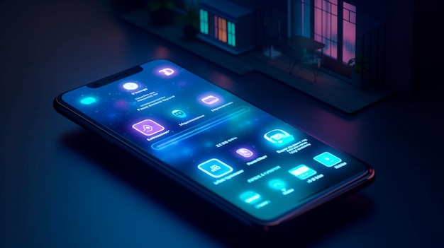 Экран смартфона с технологиями умного дома на синем фоне Интернет вещей Генеративный ИИ