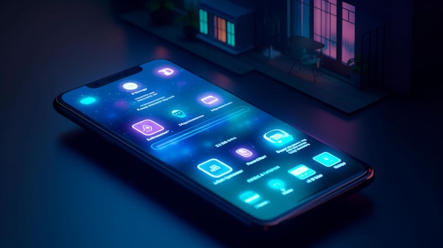 青色の背景にスマート ホーム テクノロジーを備えたスマートフォンの画面 モノのインターネット 生成 AI